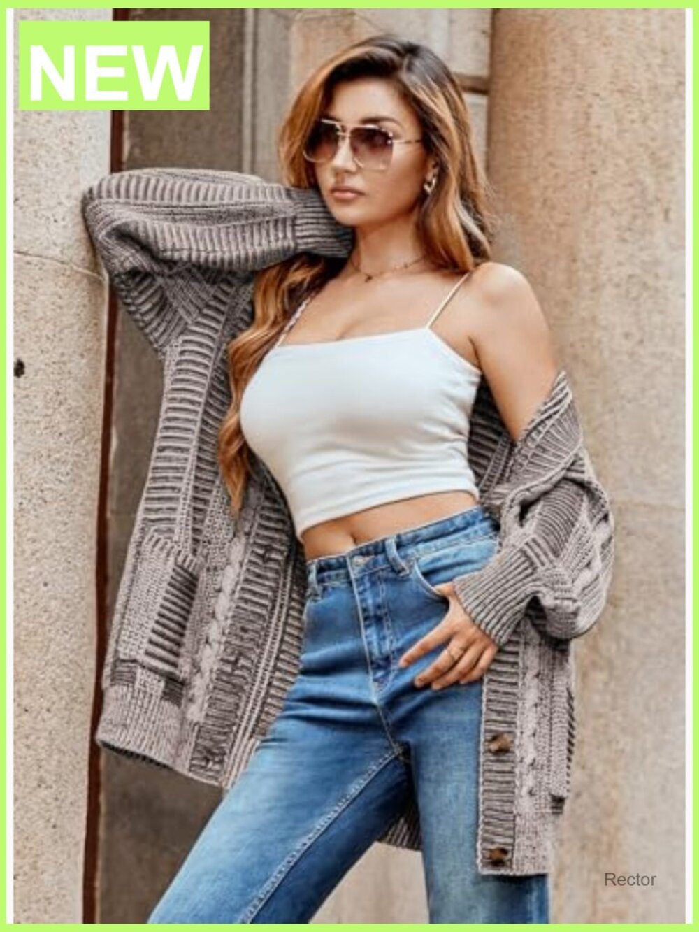 Oversized Cable Knit Cardigan with Pockets Long Sleeve - Picture 6 of 7